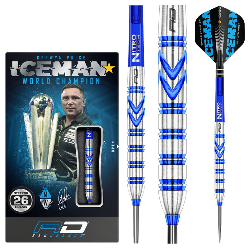Steel tip darts with blue grooved tungsten barrel, close-up detail and full product in retail packaging, ideal for professional dart players