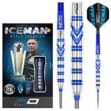 Steel tip darts with blue grooved tungsten barrel, close-up detail and full product in retail packaging, ideal for professional dart players