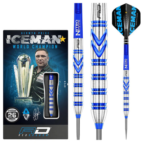Steel tip darts with blue grooved tungsten barrel, close-up detail and full product in retail packaging, ideal for professional dart players