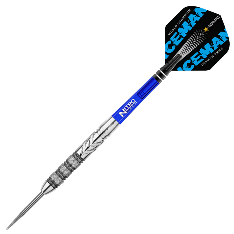 Angled full view tungsten dart with textured grip barrel, blue nitro shaft, and custom flight, isolated on white background