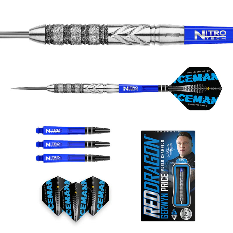 Full view tungsten darts set with textured grip, blue shafts, extra flights, and retail box on white background