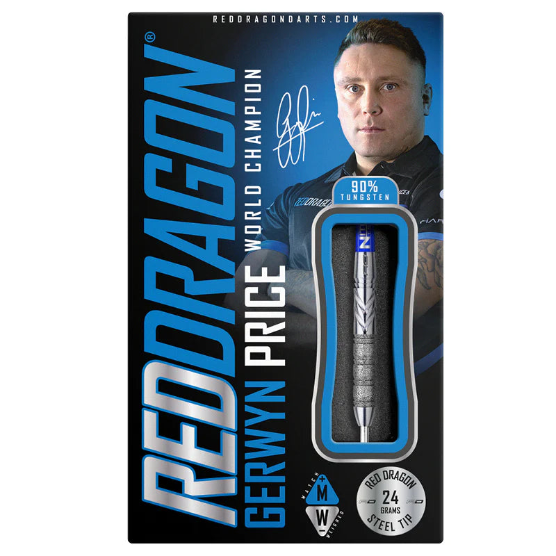 90% tungsten steel tip dart in retail packaging with Gerwyn Price branding, grip detail, and 24g weight highlighted