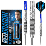 Steel tip tungsten darts full view with packaging, precision grip barrel texture, blue Nitro Tech shafts, Iceman flights for professional players