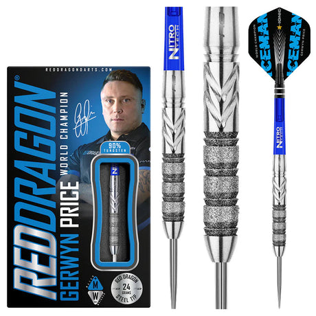 Steel tip tungsten darts full view with packaging, precision grip barrel texture, blue Nitro Tech shafts, Iceman flights for professional players