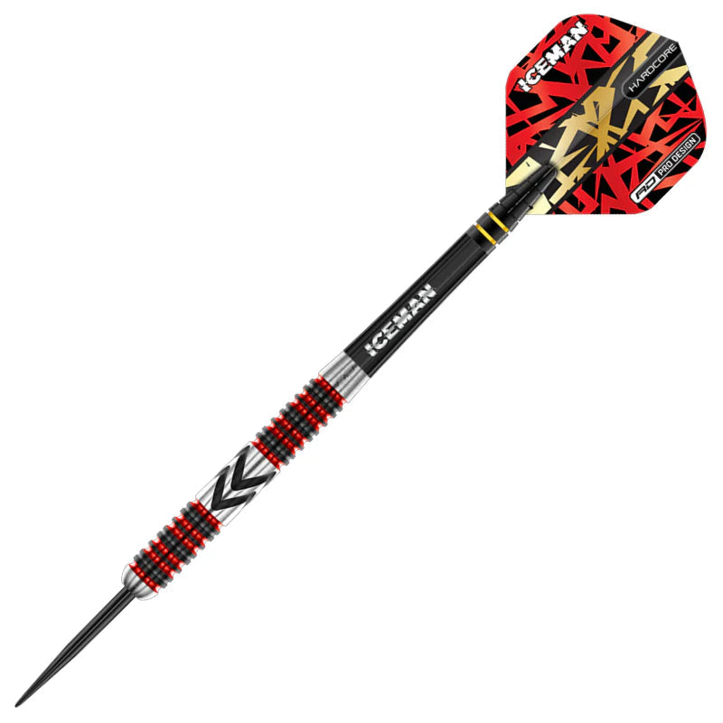 Full view tungsten dart with red ringed grip, chevron barrel, and bold red graphic flight on white background