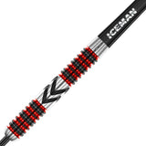 Macro close-up of tungsten dart barrel with red ringed grip pattern and engraved chevron design, isolated on white