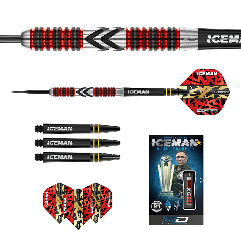 Red and black tungsten darts set with grip close-up, extra flights, shafts, and Firebird packaging on white background