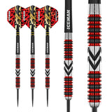 Three tungsten darts displayed upright on white background with close-up of red and black ringed grip barrel and detailed chevron pattern