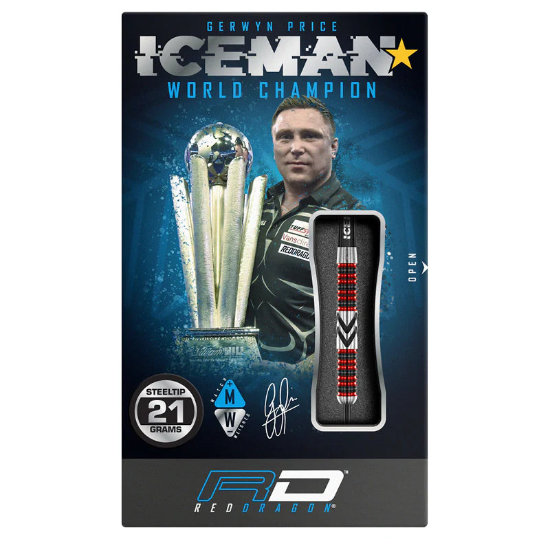Full boxed display of Gerwyn Price Firebird tungsten darts with one visible dart showing red ringed grip pattern and weight specifications.