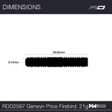 Top-down dart barrel silhouette with 50.80mm length and 6.10mm diameter, scale reference for tungsten darts buyers