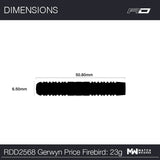 Gerwyn Price Firebird dart barrel top-down view with dimensions 50.80mm length, 6.50mm diameter, technical specs for tungsten darts