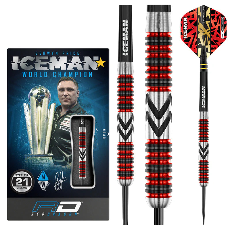 Steel tip tungsten darts set with packaging, close-ups of red and black grooved barrels, detailed grip, 21 gram weight