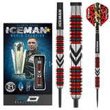 Steel tip tungsten darts set with packaging, close-ups of red and black grooved barrels, detailed grip, 21 gram weight