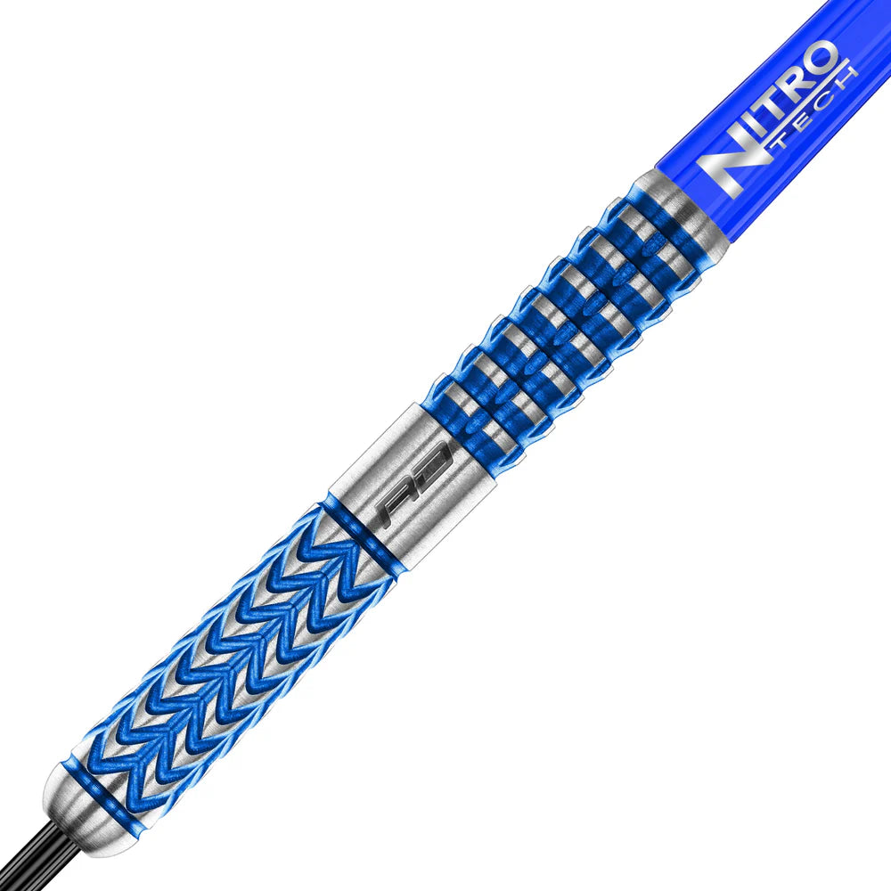 Close-up macro of tungsten dart barrel with blue Glacier grip, textured pattern and Nitro Tech shaft, isolated on white background