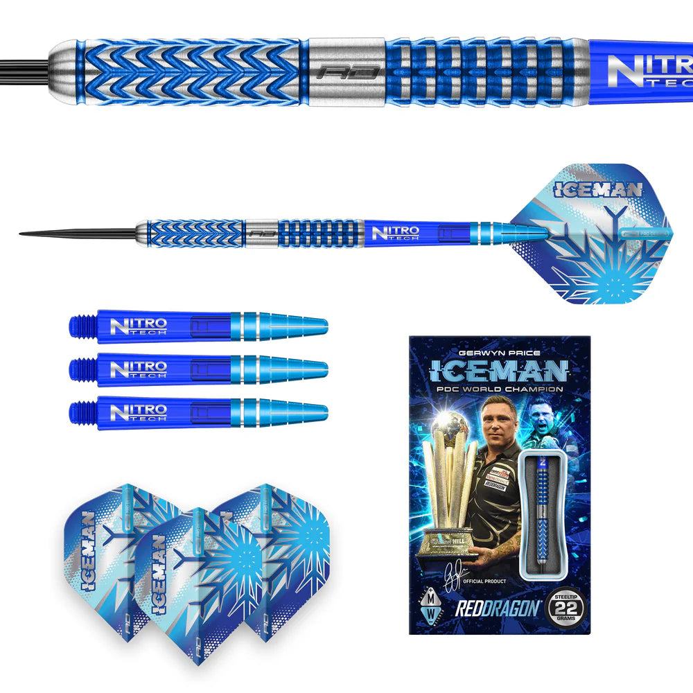 Glacier darts set on white background with close-up barrel grip texture, full dart assembled, extra blue shafts, flights, and retail packaging