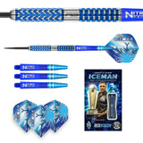 Glacier darts set on white background with close-up barrel grip texture, full dart assembled, extra blue shafts, flights, and retail packaging