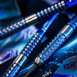 Macro close-up of tungsten darts highlighting icy blue barrel grip texture and precision-machined pattern for competitive play