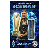 Steel tip tungsten dart in packaging with signature blue grip pattern, weight indicator, and professional player imagery