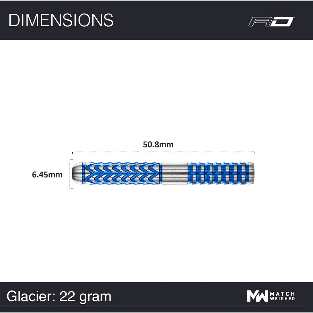 Side view of Glacier 22g tungsten dart barrel on white, blue grip pattern, annotated with 50.8mm length and 6.45mm diameter