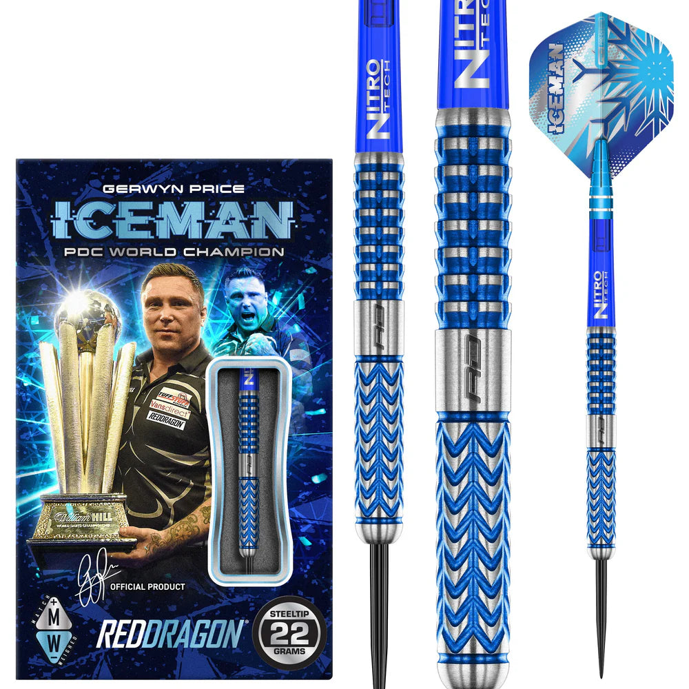 Gerwyn Price Glacier 90% tungsten darts set with blue grip barrels, steel tips, retail box, and snowflake flights on white background