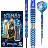 Gerwyn Price Glacier 90% tungsten darts set with blue grip barrels, steel tips, retail box, and snowflake flights on white background