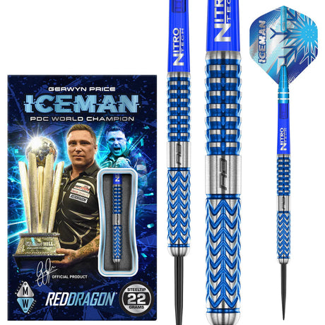 Gerwyn Price Glacier 90% tungsten darts set with blue grip barrels, steel tips, retail box, and snowflake flights on white background