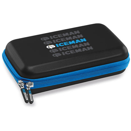 Angled view of Gerwyn Price Iceman darts case closed, black with blue zipper, isolated on white, showcases durable dart storage