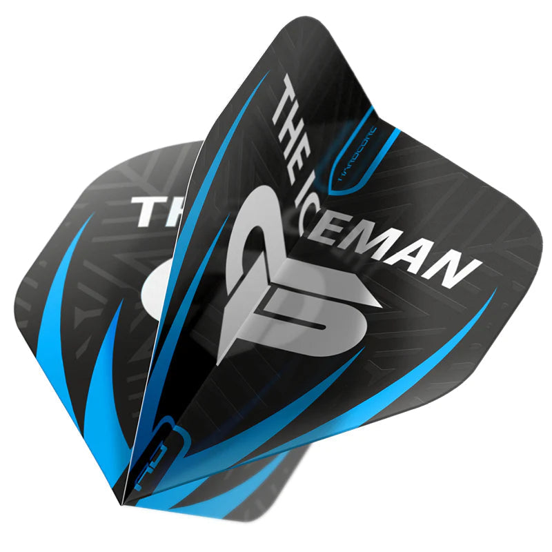 Angled close-up of black and blue dart flight showing 'The Iceman' logo and bold graphic details for dart setup.