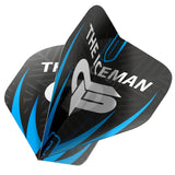 Angled close-up of black and blue dart flight showing 'The Iceman' logo and bold graphic details for dart setup.