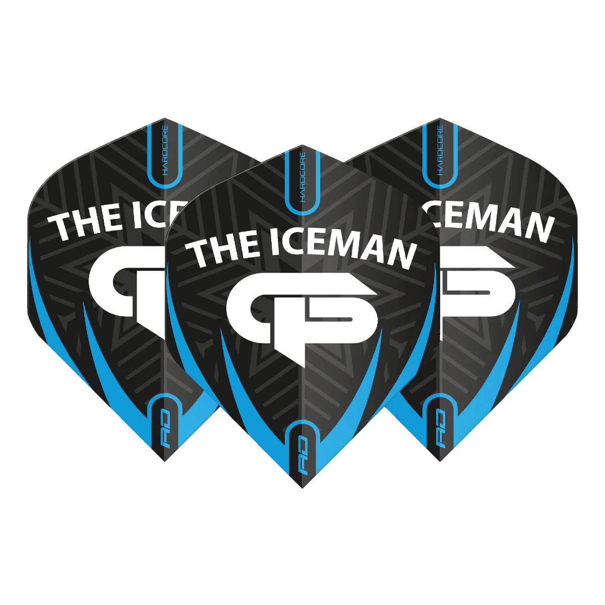 Set of three black and blue dart flights, Gerwyn Price No.2 shape, with 'The Iceman' logo design, isolated on white background