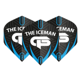 Set of three black and blue dart flights, Gerwyn Price No.2 shape, with 'The Iceman' logo design, isolated on white background