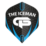 Full view of Gerwyn Price No.2 dart flight isolated on white, featuring 'The Iceman' text, GP logo, and black-blue graphic pattern.