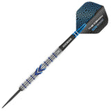 Angled full dart view on white, featuring 90% tungsten barrel with triple banked grooves and blue ICEMAN signature flight