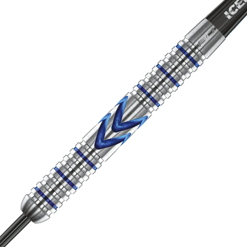 Close-up of tungsten dart barrel with blue machined grooves, triple banked grip and signature Iceman styling, isolated on white