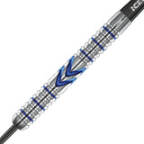 Close-up of tungsten dart barrel with blue machined grooves, triple banked grip and signature Iceman styling, isolated on white