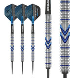 Steel tip tungsten darts set front view plus close-up showing blue ringed barrel grooves and precision grip design on white background
