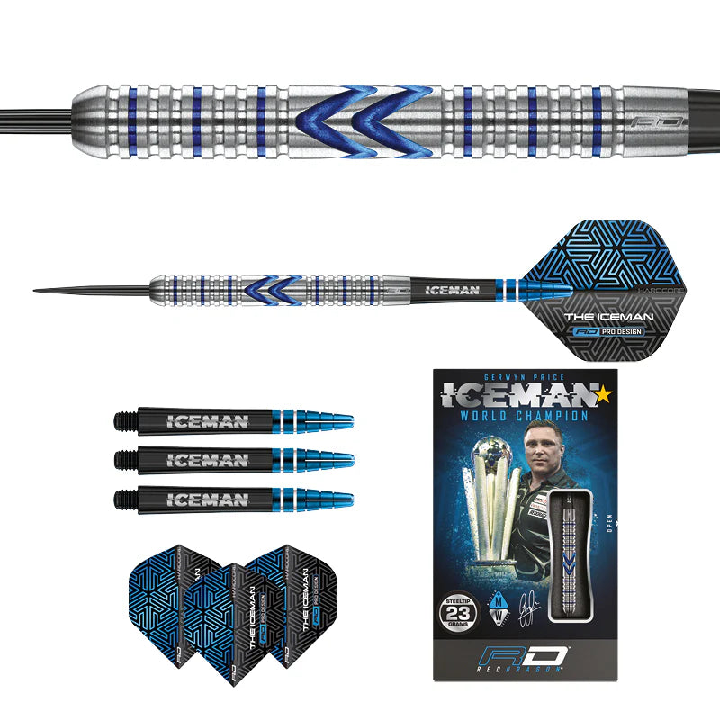 Steel tip tungsten darts set with close-up barrel grip texture, full dart view, separate stems, flights, and retail box on white background