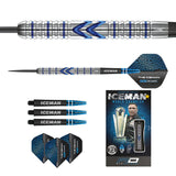 Steel tip tungsten darts set with close-up barrel grip texture, full dart view, separate stems, flights, and retail box on white background