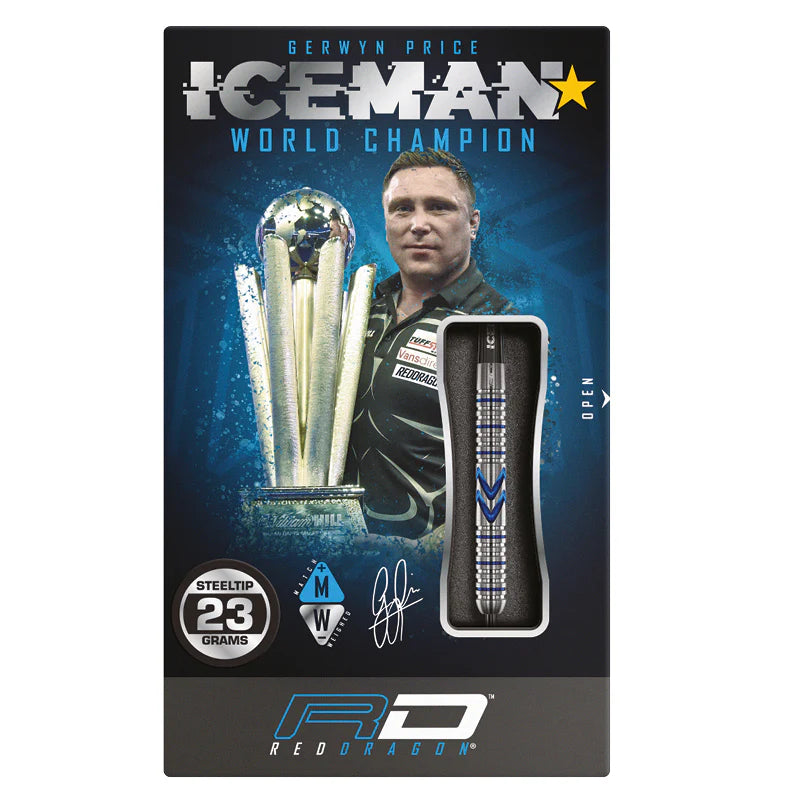 Steel tip 23g tungsten dart in retail packaging, close-up showing triple-ring grip and signature Iceman barrel design.