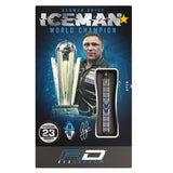 Steel tip 23g tungsten dart in retail packaging, close-up showing triple-ring grip and signature Iceman barrel design.