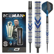 Steel tip darts set with 90% tungsten barrels, blue triple banked grooves, iconic flight, shown in retail packaging and isolated on white
