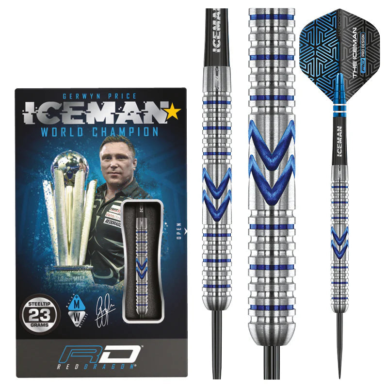 Steel tip darts set with 90% tungsten barrels, blue triple banked grooves, iconic flight, shown in retail packaging and isolated on white