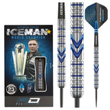 Steel tip darts set with 90% tungsten barrels, blue triple banked grooves, iconic flight, shown in retail packaging and isolated on white