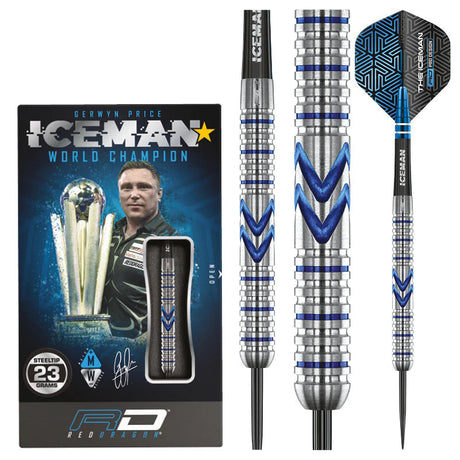 Steel tip darts set with 90% tungsten barrels, blue triple banked grooves, iconic flight, shown in retail packaging and isolated on white