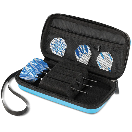 Open dart case with three assembled darts in foam slots and spare blue flights in mesh pocket, angled product display for dart accessories