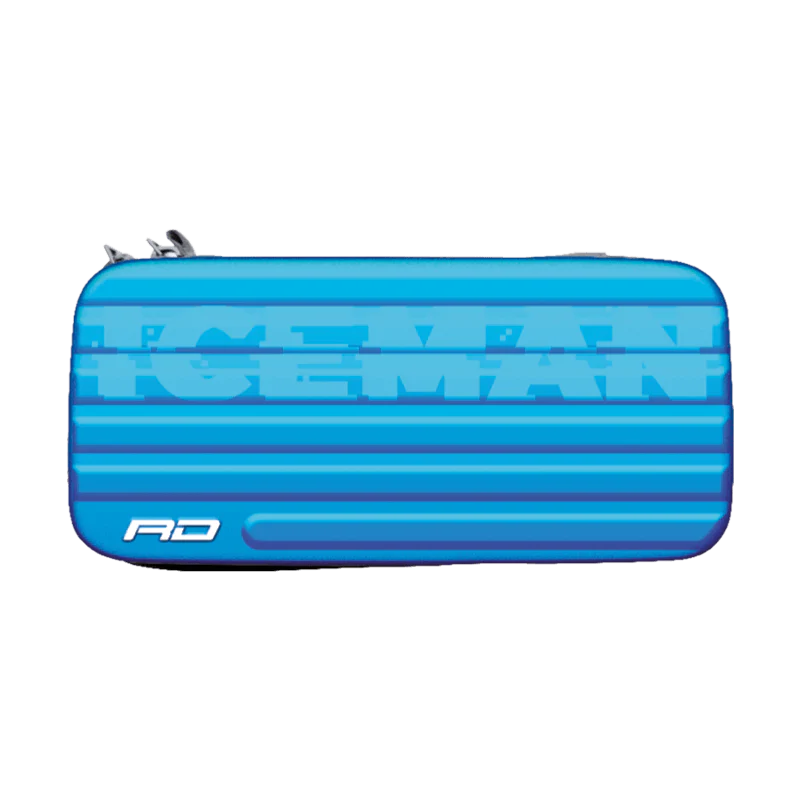 Blue dart case with ICEMAN text, hard shell, zipper closure, full product view on white background for dart storage