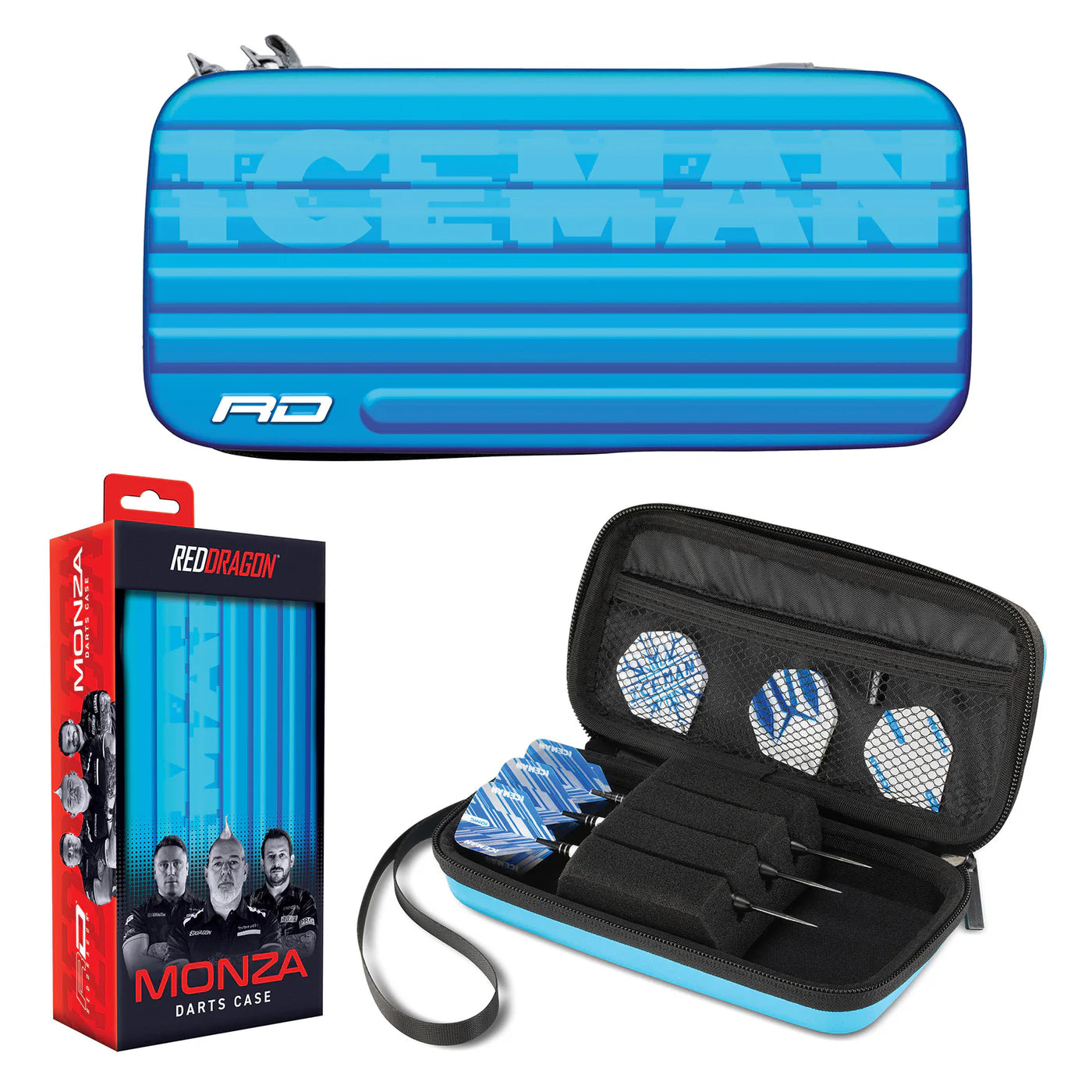 Dart case and packaging displayed with open case showing darts, spare flights, organized foam slots, and textured blue hard shell.