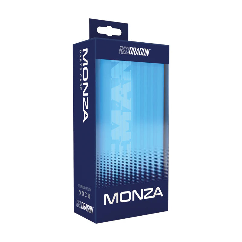 Angled view of Monza dart case retail packaging, blue design, isolated on white background for darts storage buyers