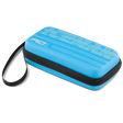 Blue hard shell dart case with wrist strap, angled view, isolated on white for dart storage and protection