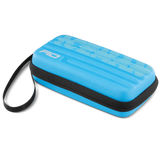 Blue hard shell dart case with wrist strap, angled view, isolated on white for dart storage and protection
